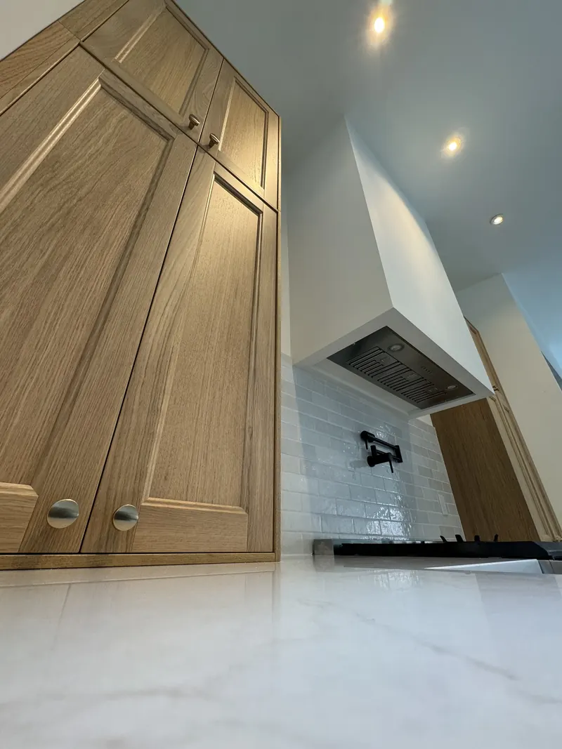 Red oak appliance garage cabinets