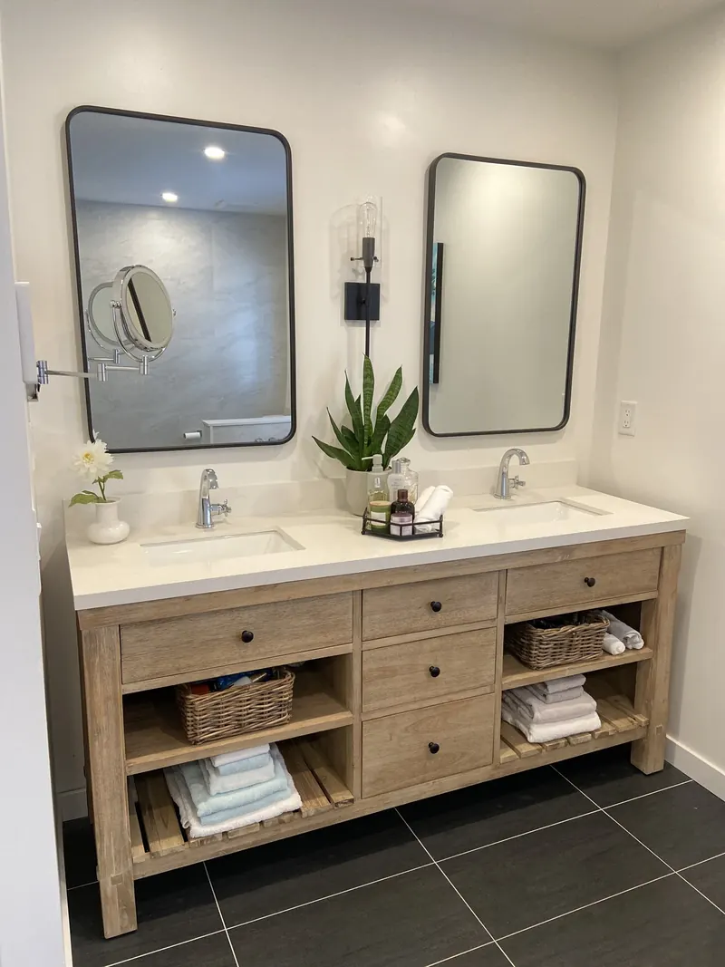Dual basin oak vanity with open shelving